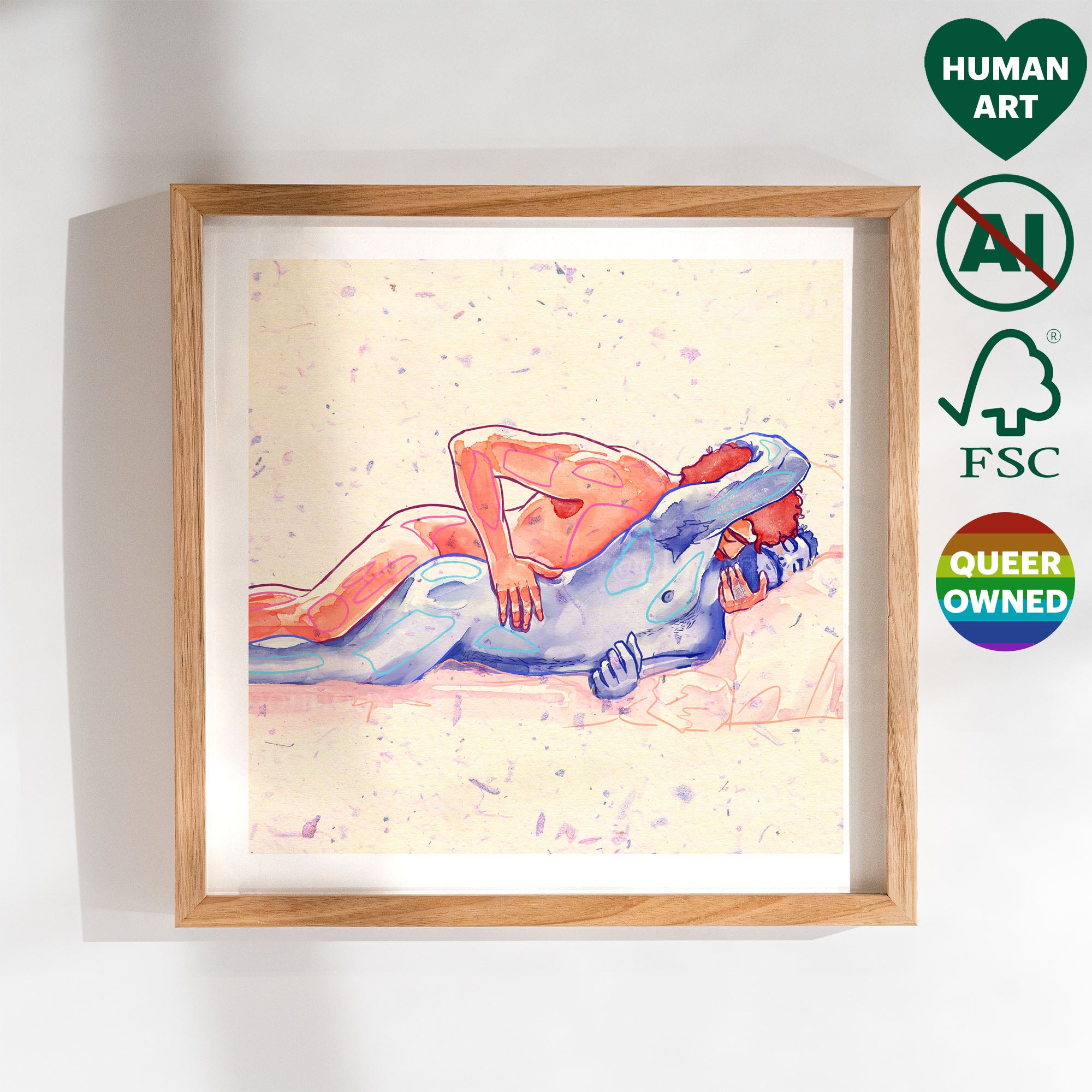 Soft and intimate drawing of a gay couple cuddling, masculine tenderness, gay wall art, queer home decor print Oh Mon Doux.