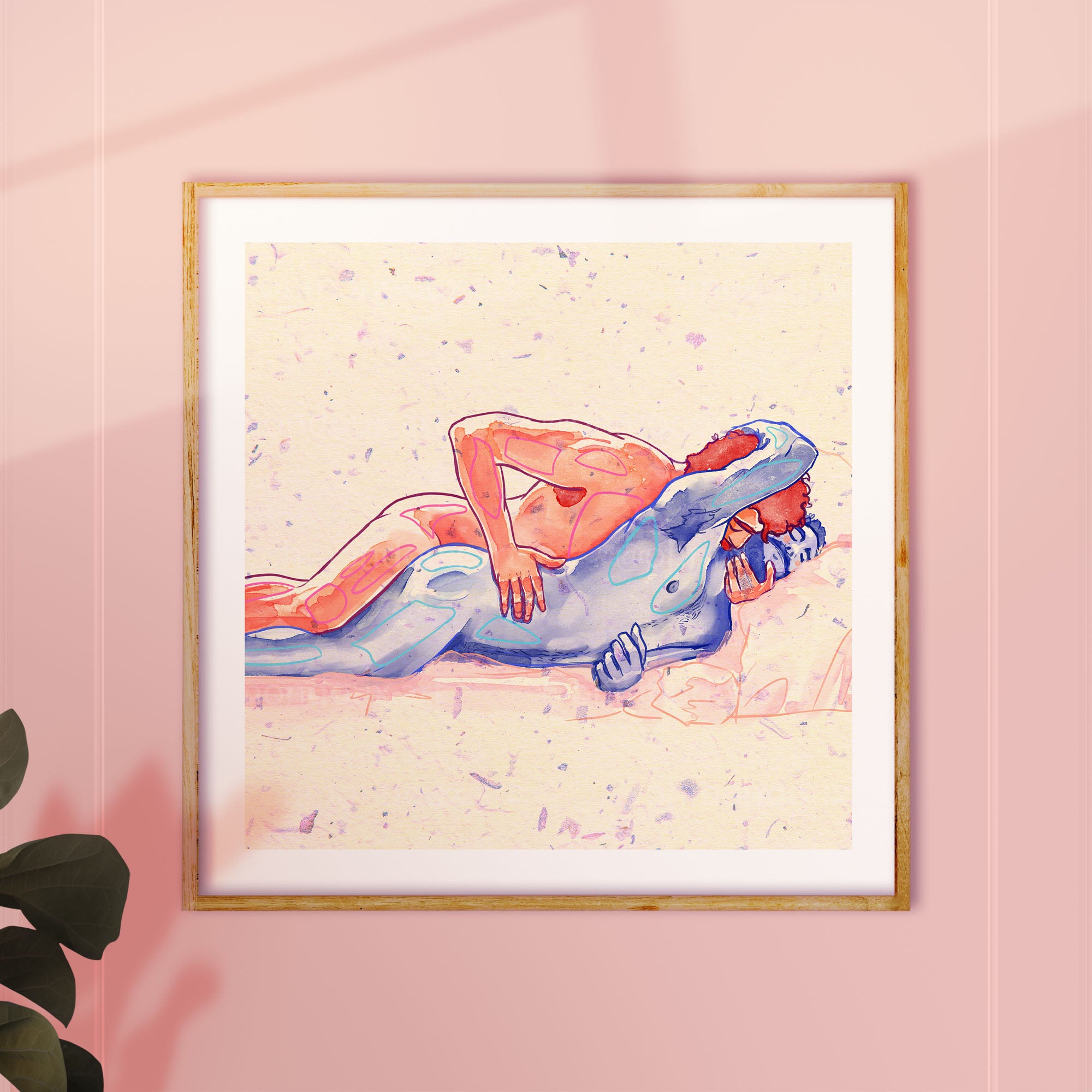 Soft and intimate drawing of a gay couple cuddling, masculine tenderness, gay wall art, queer home decor print Oh Mon Doux.
