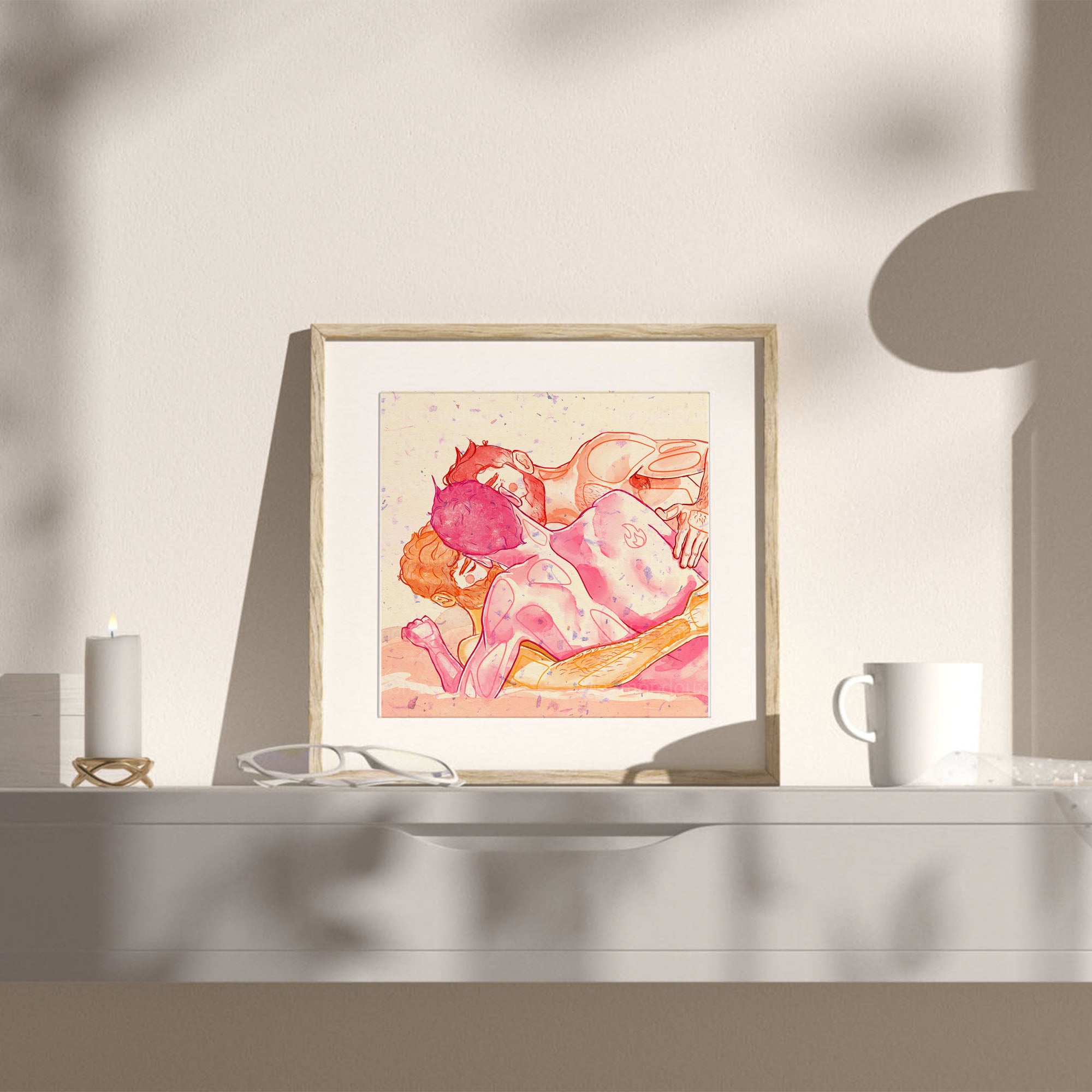 Passionate gay erotic illustration, intense masculine energy drawing, gay art print, homoerotic wall decor, contemporary queer art.