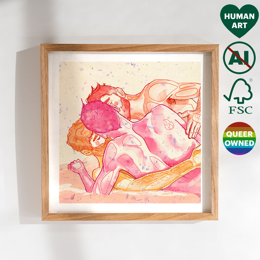 Passionate gay erotic illustration, intense masculine energy drawing, gay art print, homoerotic wall decor, contemporary queer art.