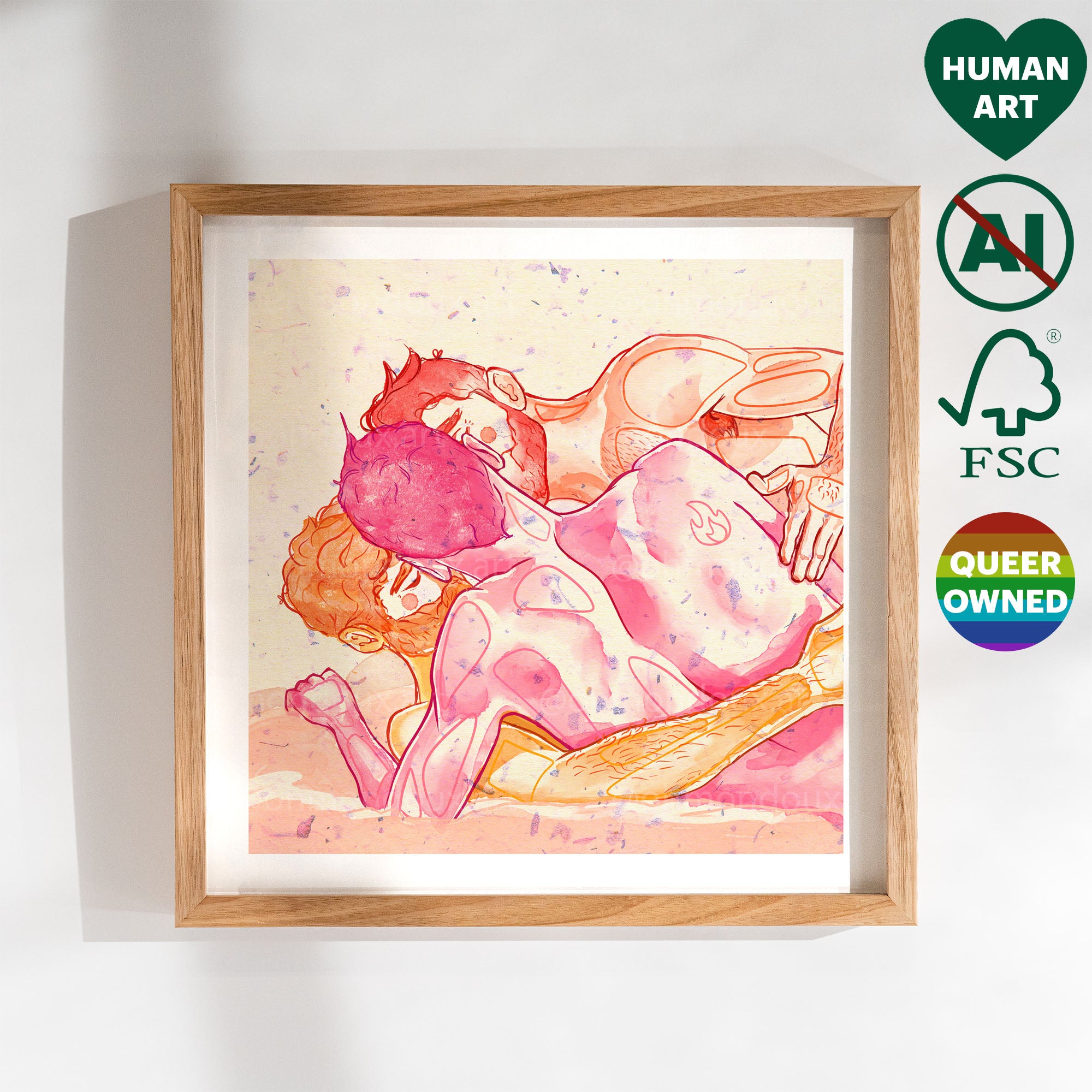 Passionate gay erotic illustration, intense masculine energy drawing, gay art print, homoerotic wall decor, contemporary queer art.