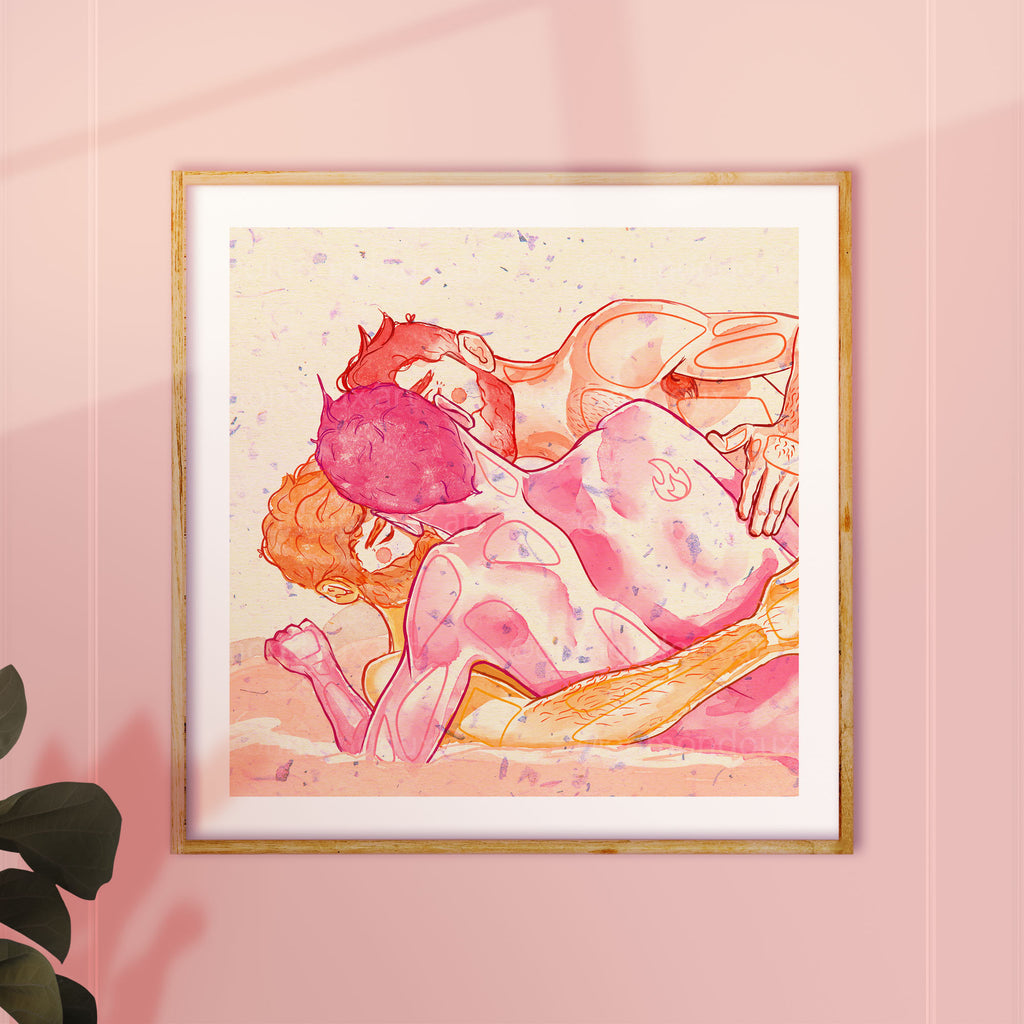 Passionate gay erotic illustration, intense masculine energy drawing, gay art print, homoerotic wall decor, contemporary queer art.