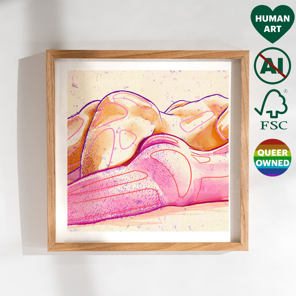 Minimalist line art of two men against a mountain backdrop, gay outdoor adventure art, queer wall decor, masculine nature illustration.