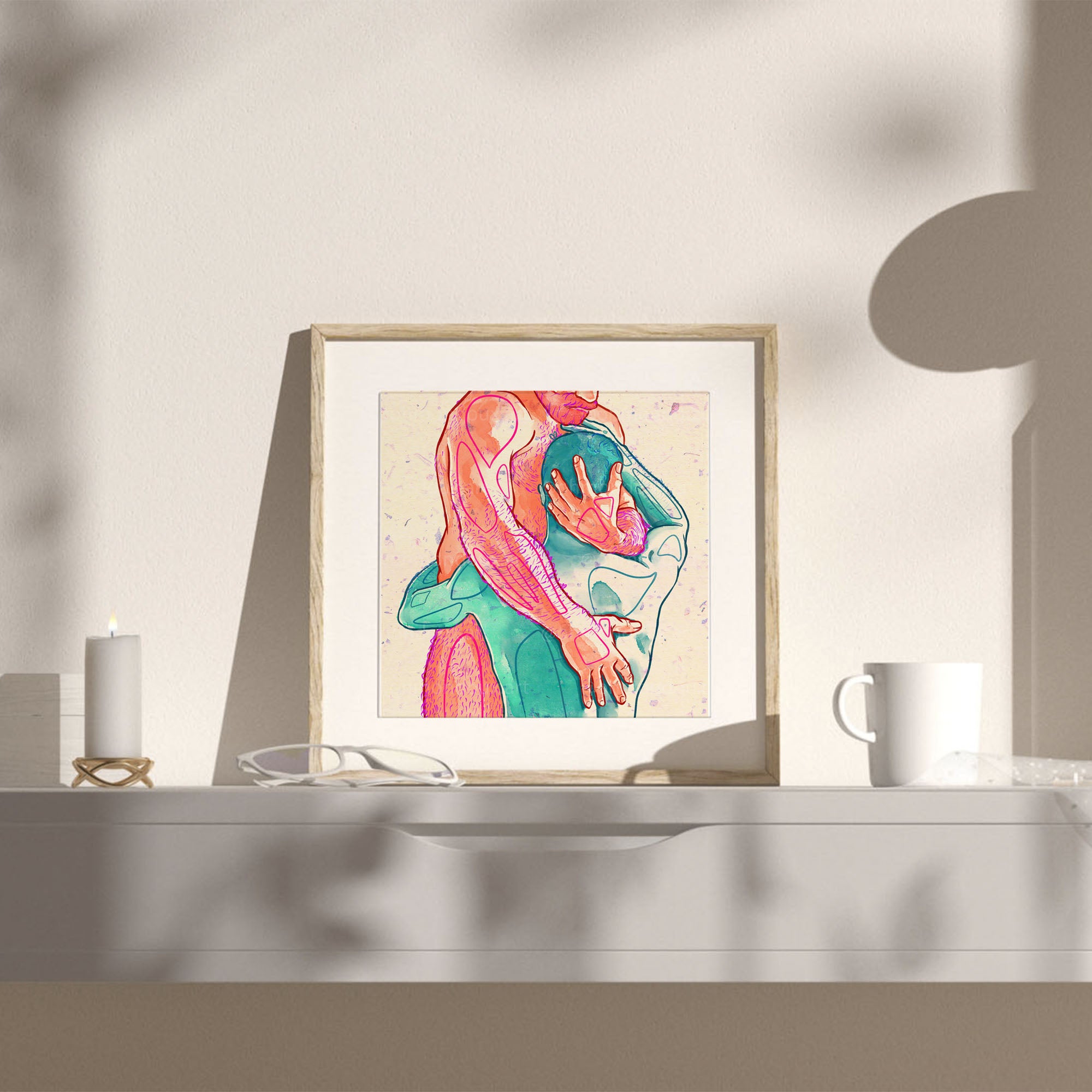 Powerful drawing of a man holding his partner closely, emotional gay art, queer illustration, gay couple gift idea, masculine intimacy.