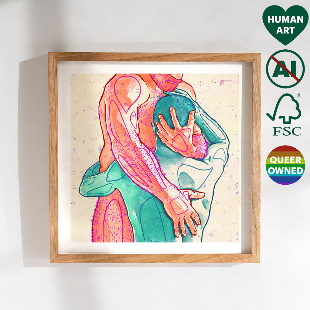 Powerful drawing of a man holding his partner closely, emotional gay art, queer illustration, gay couple gift idea, masculine intimacy.