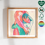 Powerful drawing of a man holding his partner closely, emotional gay art, queer illustration, gay couple gift idea, masculine intimacy.