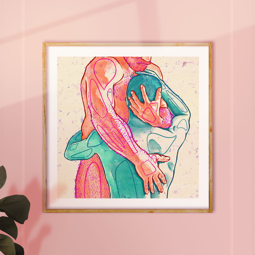 Powerful drawing of a man holding his partner closely, emotional gay art, queer illustration, gay couple gift idea, masculine intimacy.