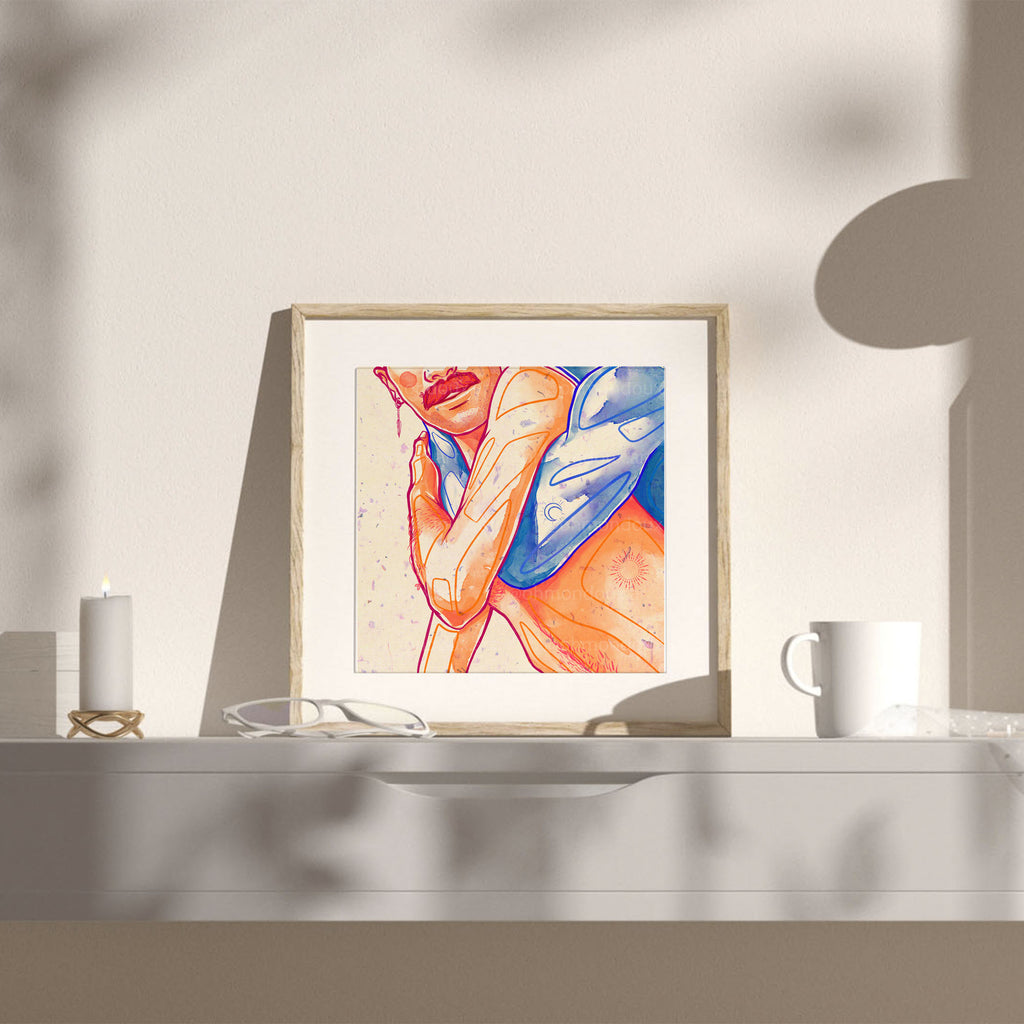 Stylized and modern illustration of two men, minimalist gay art, queer wall art print, contemporary masculine home decor.