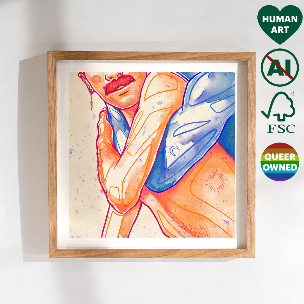 Stylized and modern illustration of two men, minimalist gay art, queer wall art print, contemporary masculine home decor.