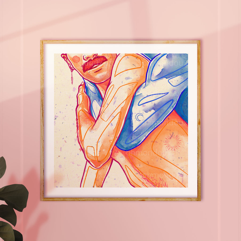 Stylized and modern illustration of two men, minimalist gay art, queer wall art print, contemporary masculine home decor.