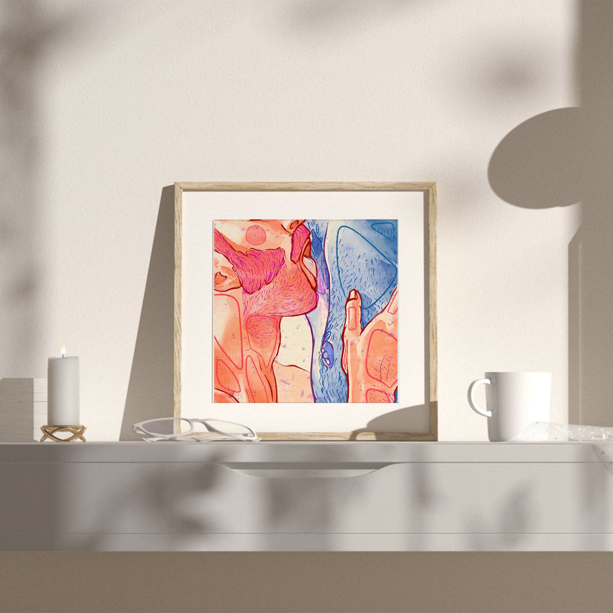 Bright and joyful illustration of two men in summer, gay pride art, queer wall decor, minimalist sun-drenched gay art print.