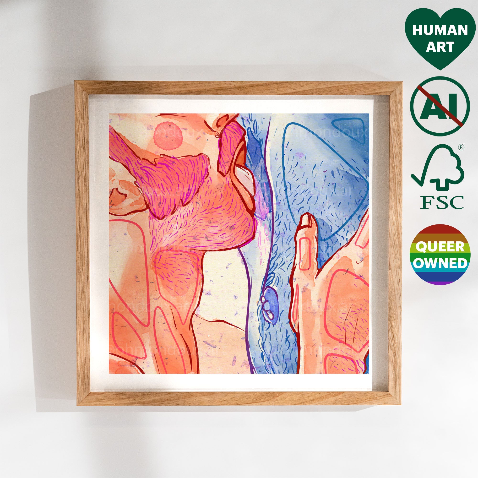 Bright and joyful illustration of two men in summer, gay pride art, queer wall decor, minimalist sun-drenched gay art print.