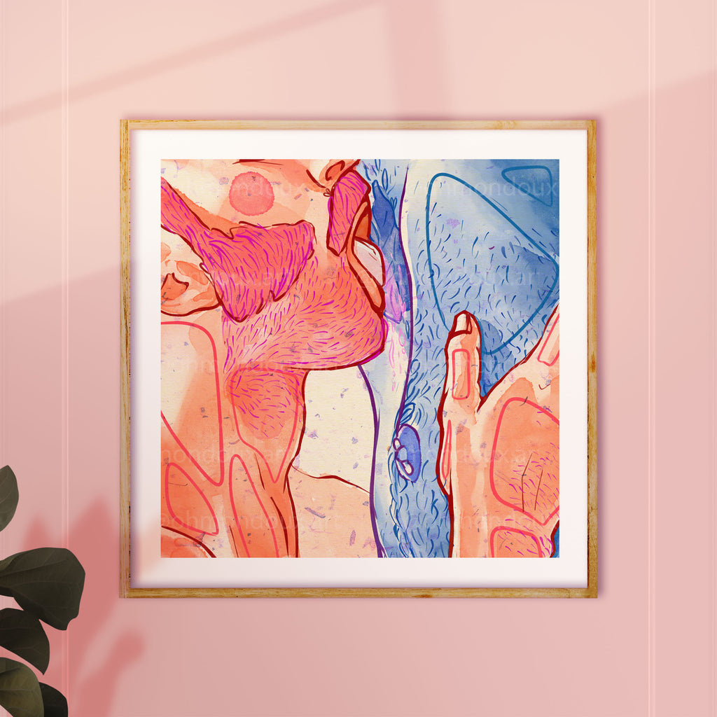 Bright and joyful illustration of two men in summer, gay pride art, queer wall decor, minimalist sun-drenched gay art print.