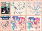 Tender portrait of a gay couple sharing a moment of gratitude, queer art, gay wall decor, minimalist line drawing of male affection.