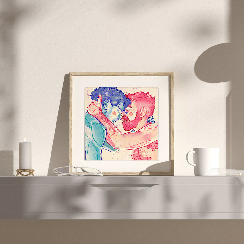 Tender portrait of a gay couple sharing a moment of gratitude, queer art, gay wall decor, minimalist line drawing of male affection.