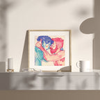 Tender portrait of a gay couple sharing a moment of gratitude, queer art, gay wall decor, minimalist line drawing of male affection.
