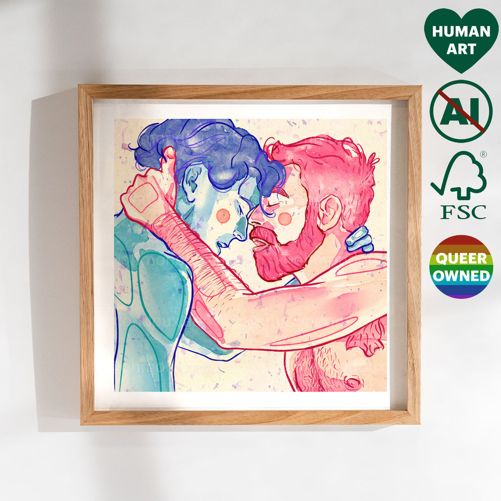 Tender portrait of a gay couple sharing a moment of gratitude, queer art, gay wall decor, minimalist line drawing of male affection.