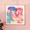 Tender portrait of a gay couple sharing a moment of gratitude, queer art, gay wall decor, minimalist line drawing of male affection.