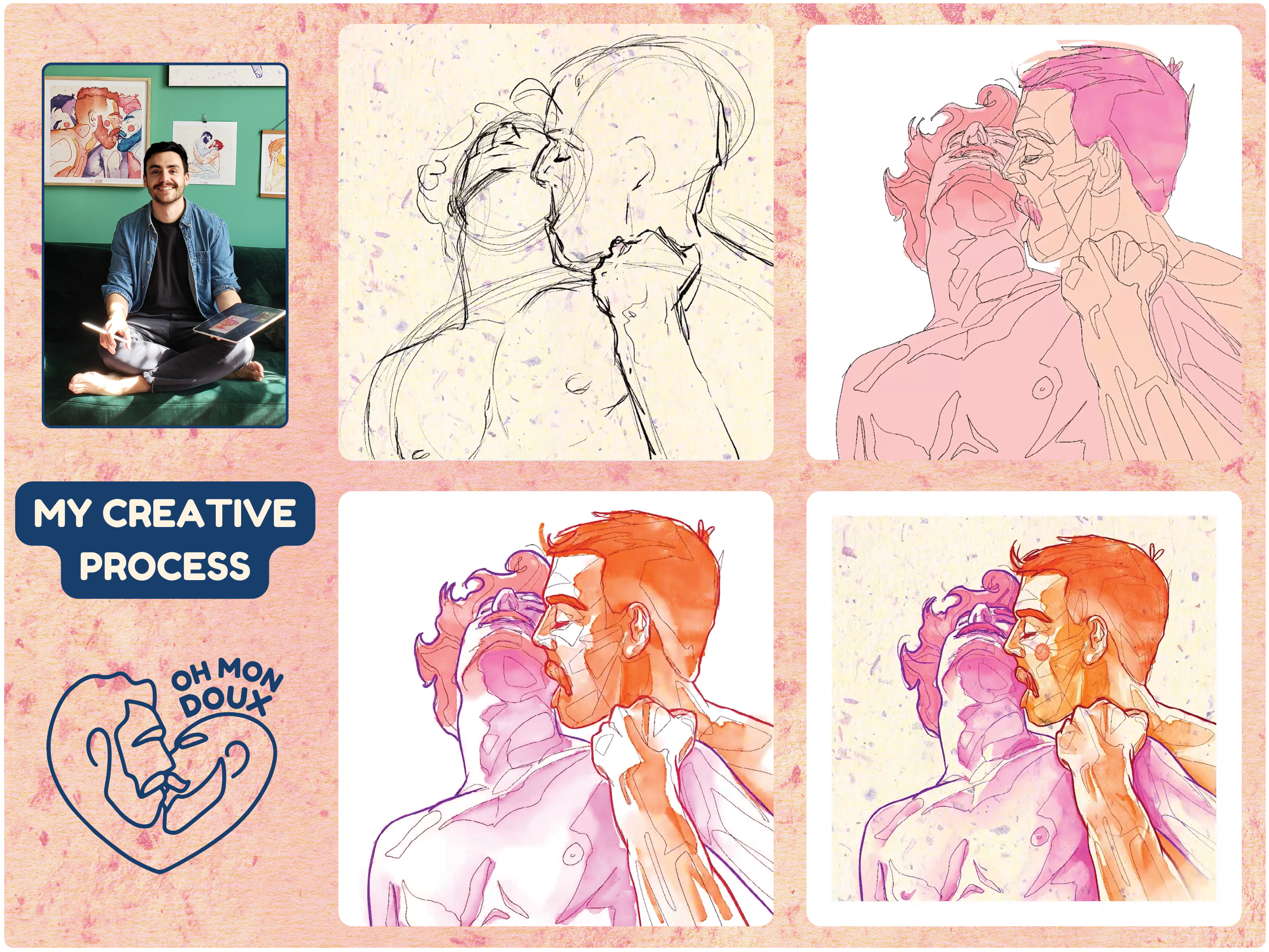 Artistic and playful male figure drawing, queer aesthetic illustration, gay erotic art, contemporary masculine wall print.