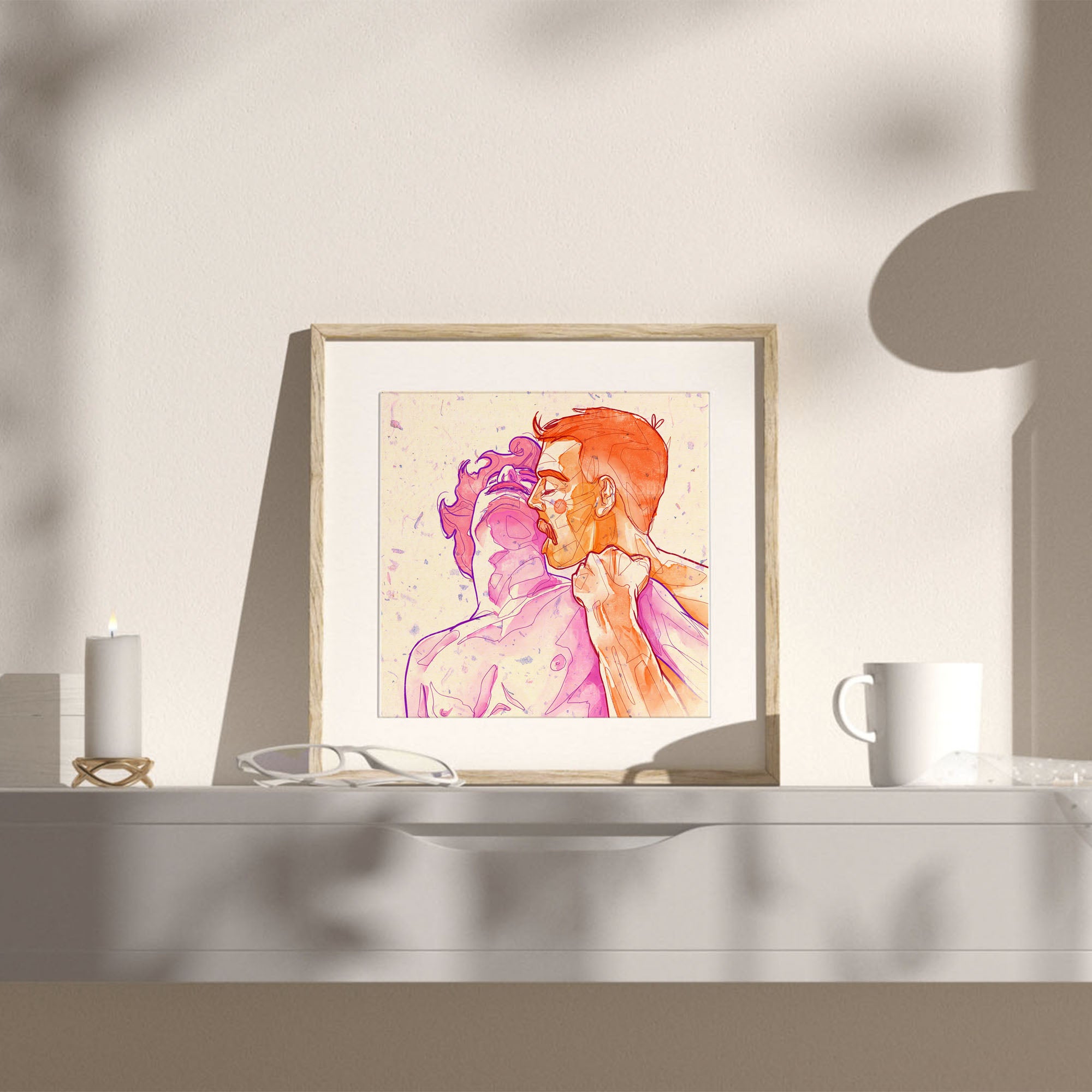 Artistic and playful male figure drawing, queer aesthetic illustration, gay erotic art, contemporary masculine wall print.