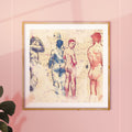 Sensual and intimate gay illustration in a shower setting, male nude line art, gay erotic art print, queer bathroom decor.