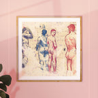 Sensual and intimate gay illustration in a shower setting, male nude line art, gay erotic art print, queer bathroom decor.