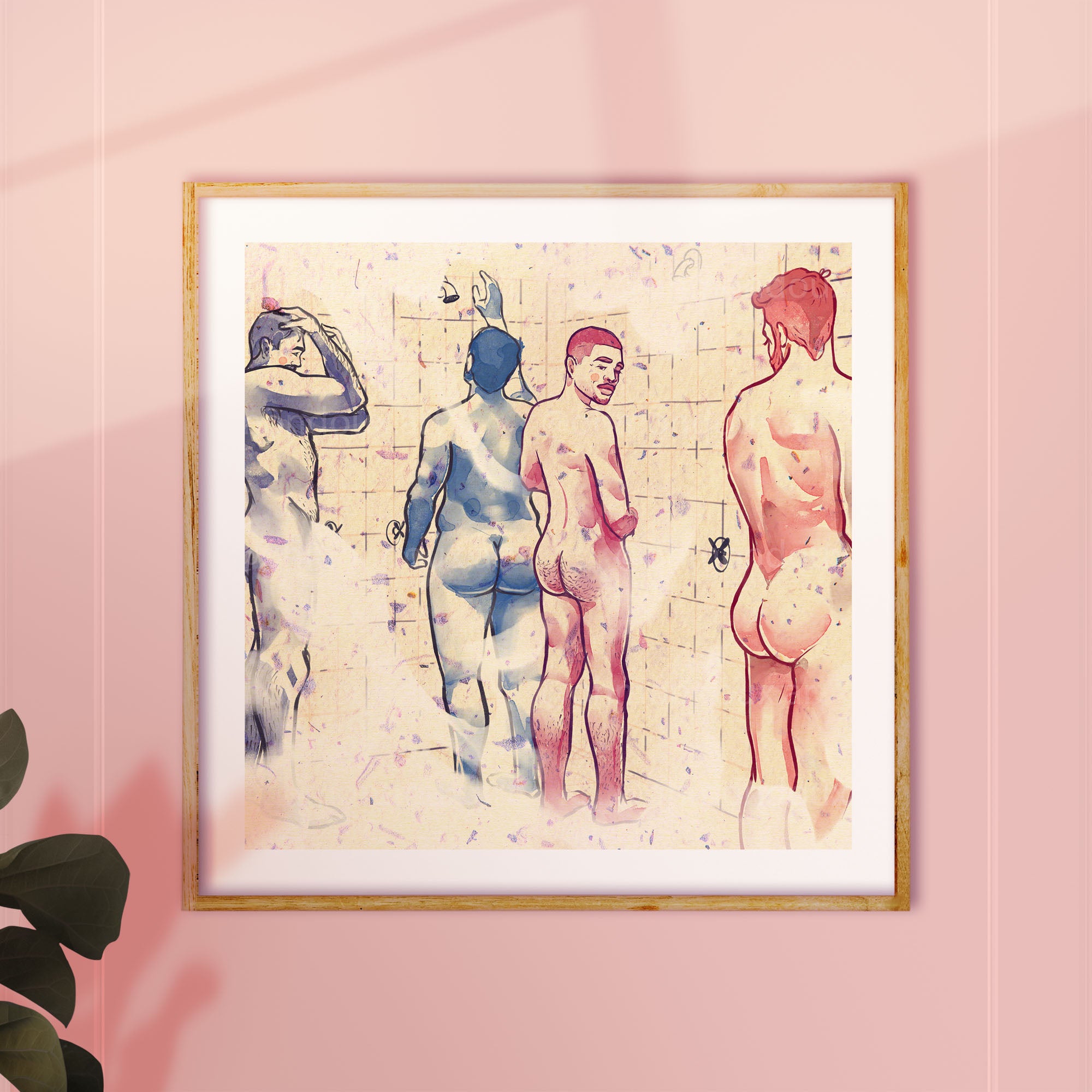 Sensual and intimate gay illustration in a shower setting, male nude line art, gay erotic art print, queer bathroom decor.