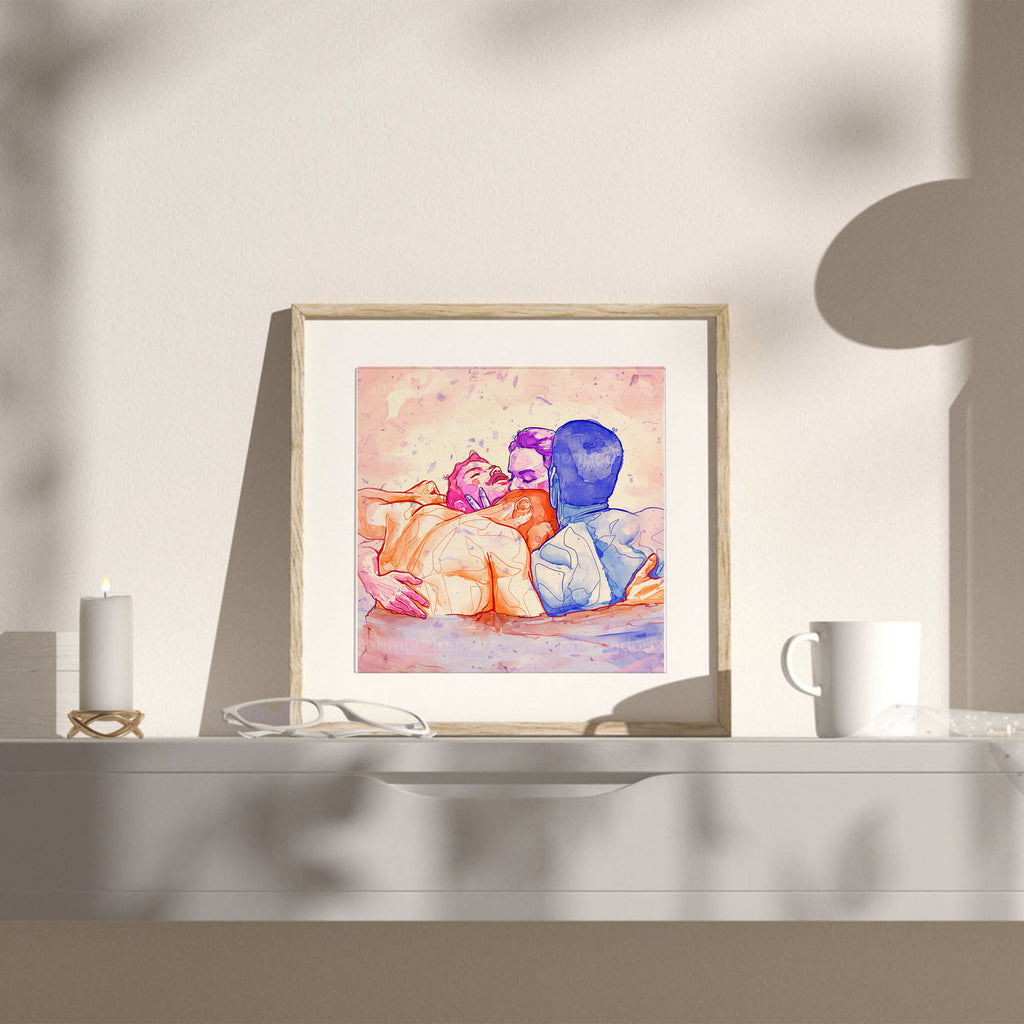 Artistic gay illustration inspired by classical themes, male intimacy, queer wall art, minimalist homoerotic art print for home gallery.