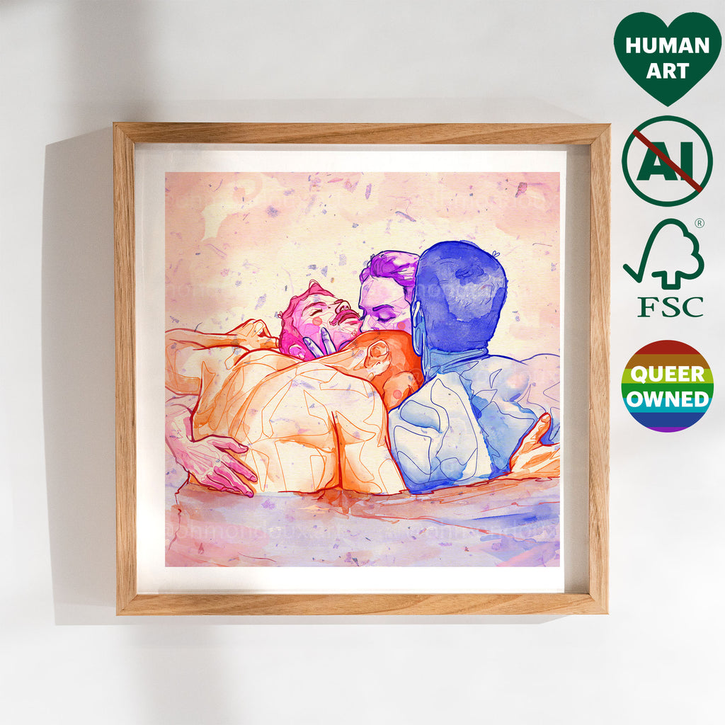 Artistic gay illustration inspired by classical themes, male intimacy, queer wall art, minimalist homoerotic art print for home gallery.