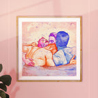 Artistic gay illustration inspired by classical themes, male intimacy, queer wall art, minimalist homoerotic art print for home gallery.