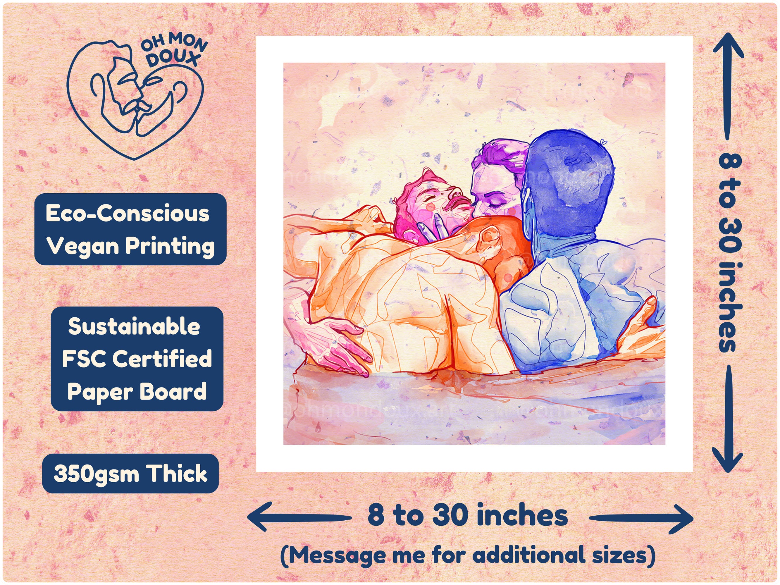 Artistic gay illustration inspired by classical themes, male intimacy, queer wall art, minimalist homoerotic art print for home gallery.
