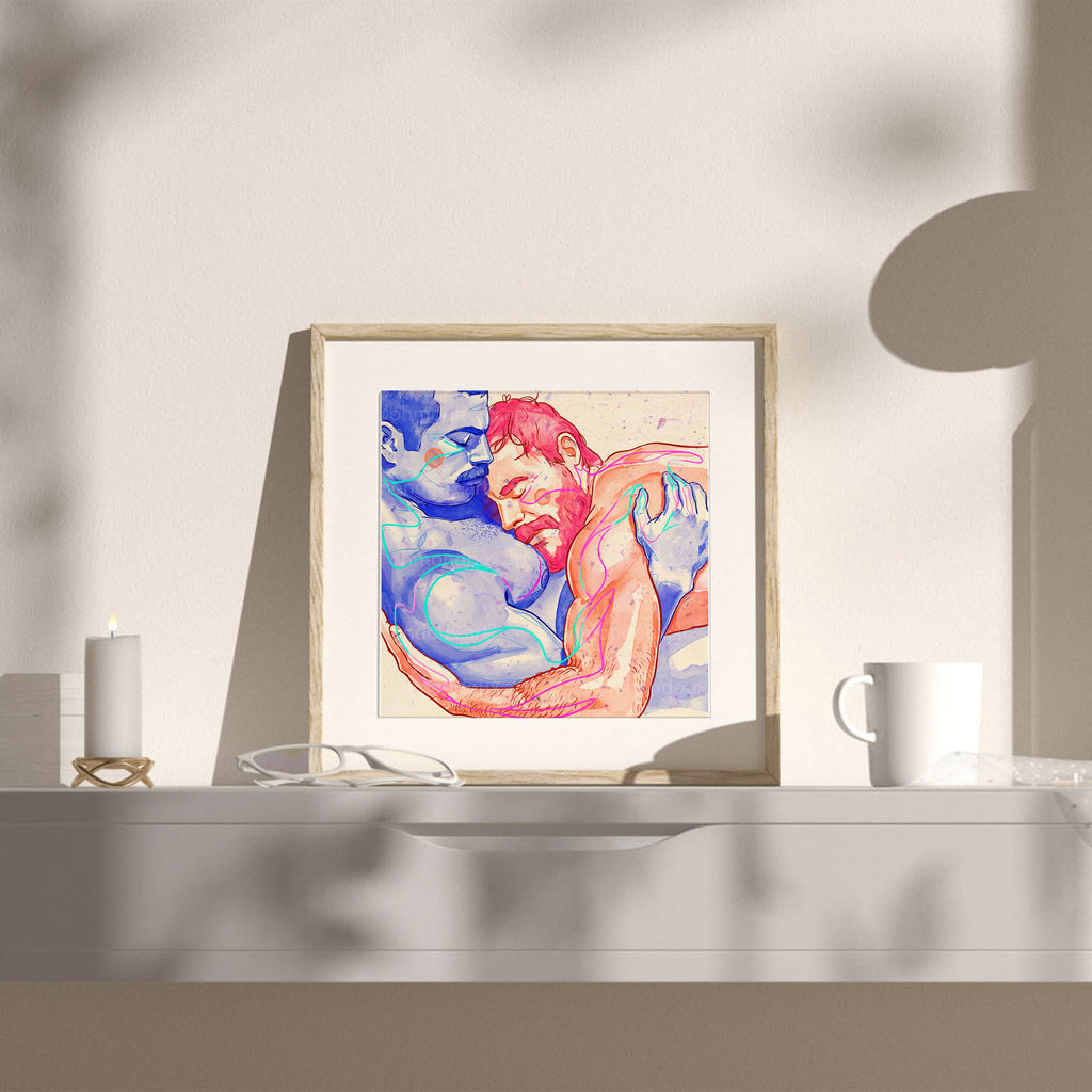 Romantic drawing of a new gay couple, celebrating fresh love and tenderness, gay art print, queer wall decor, minimalist line art.