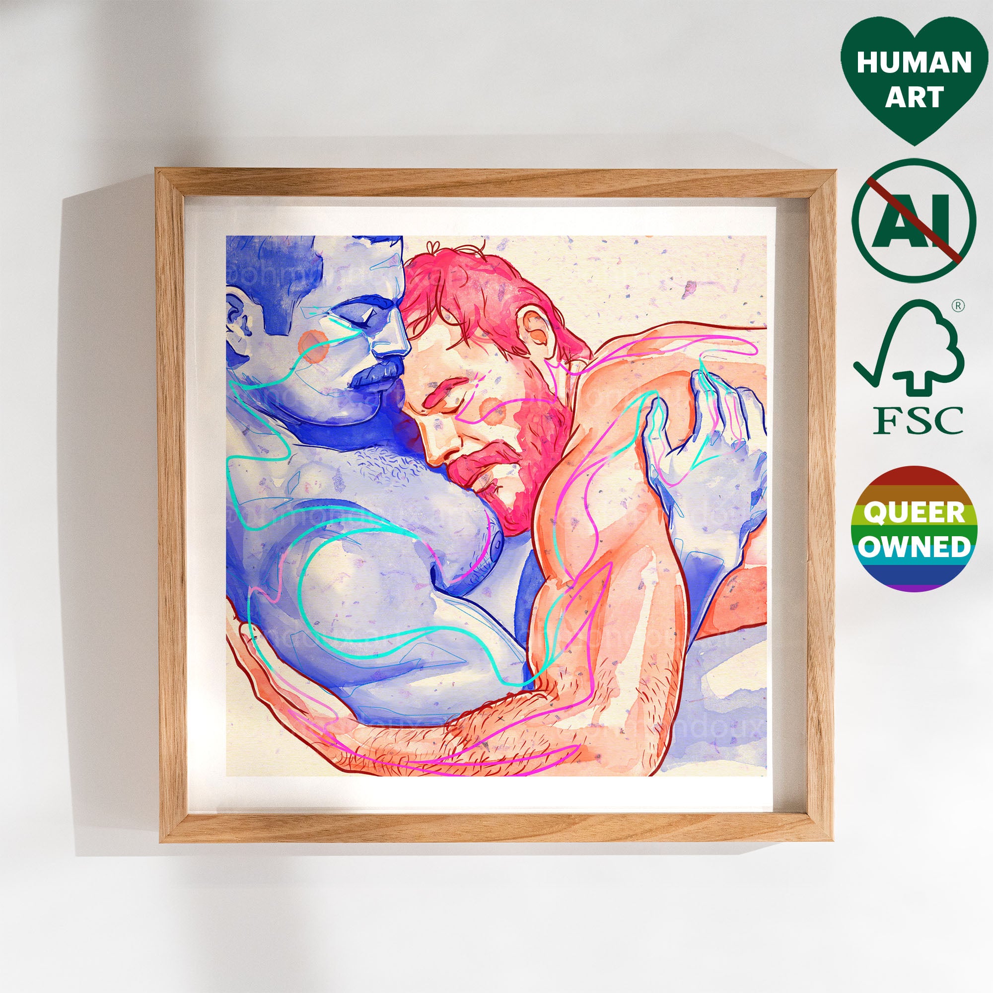 Romantic drawing of a new gay couple, celebrating fresh love and tenderness, gay art print, queer wall decor, minimalist line art.