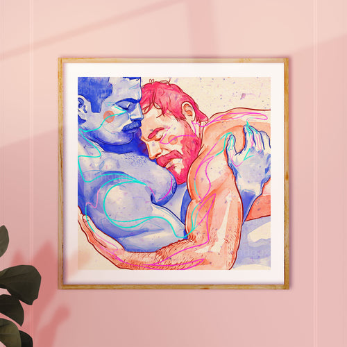 Romantic drawing of a new gay couple, celebrating fresh love and tenderness, gay art print, queer wall decor, minimalist line art.