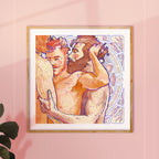 Romantic drawing of a new gay couple, celebrating fresh love and tenderness, gay art print, queer wall decor, minimalist line art.