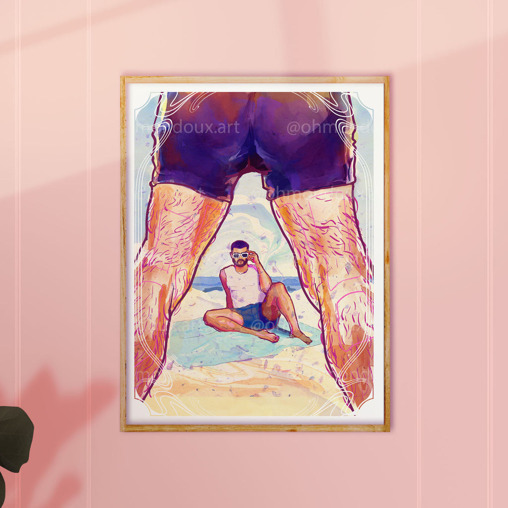Relaxed male figure drawing at the beach, summer queer art, gay wall decor, minimalist homoerotic illustration.