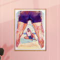 Relaxed male figure drawing at the beach, summer queer art, gay wall decor, minimalist homoerotic illustration.