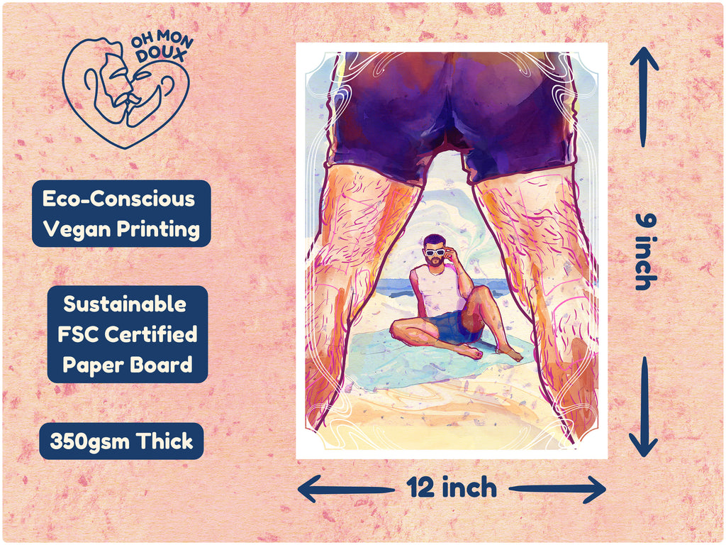 Relaxed male figure drawing at the beach, summer queer art, gay wall decor, minimalist homoerotic illustration.