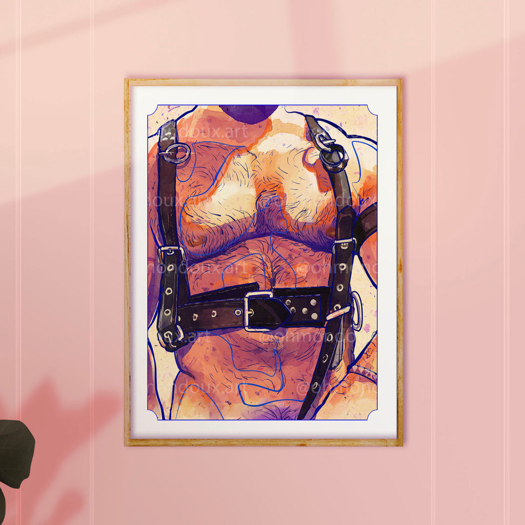 Drawing of two men, one leaning his head on the other's chest in a tender embrace. Intimate gay illustration, queer art print.