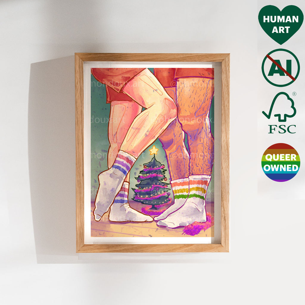 Very close and intimate embrace between two men, minimalist black line art. Gay erotic art print, masculine tenderness wall decor.