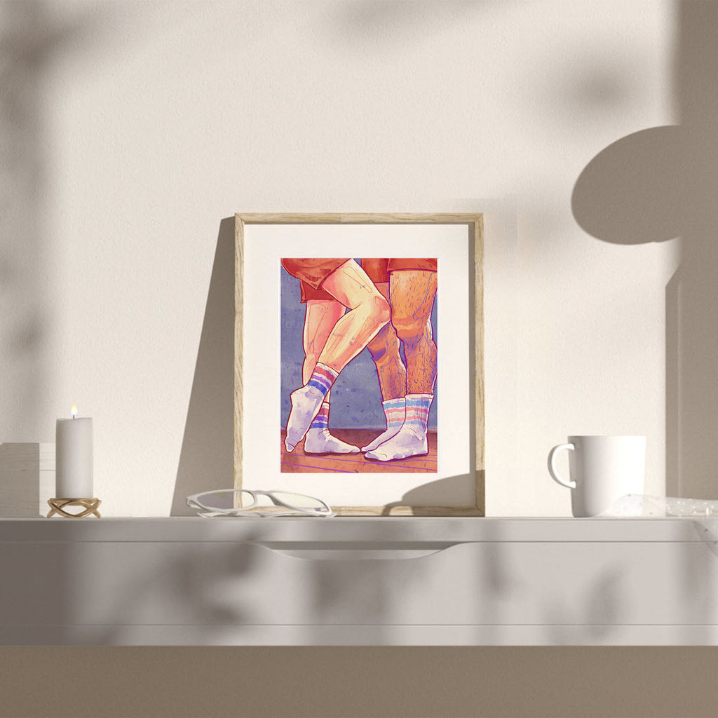 Very close and intimate embrace between two men, minimalist black line art. Gay erotic art print, masculine tenderness wall decor.