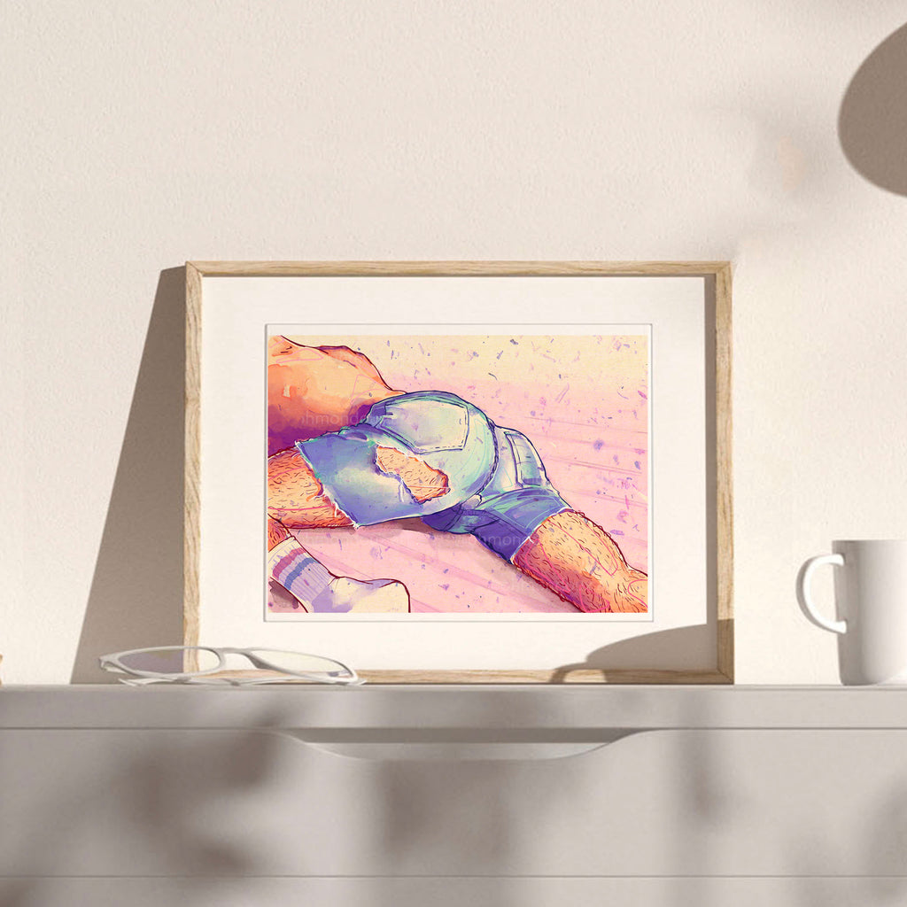 Playful drawing of two men sitting together, one behind the other, sharing a quiet moment. Gay art print, queer lifestyle illustration.