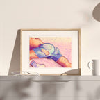 Playful drawing of two men sitting together, one behind the other, sharing a quiet moment. Gay art print, queer lifestyle illustration.