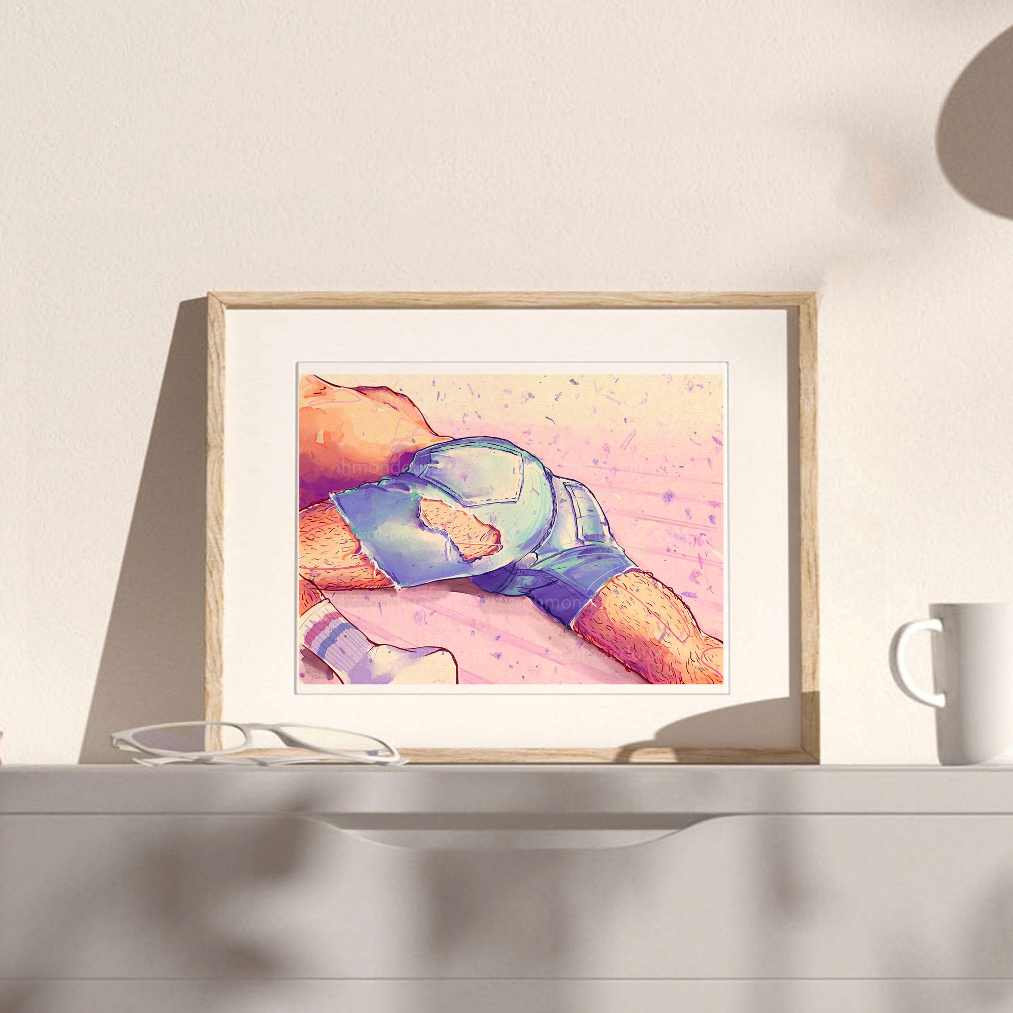 Playful drawing of two men sitting together, one behind the other, sharing a quiet moment. Gay art print, queer lifestyle illustration.