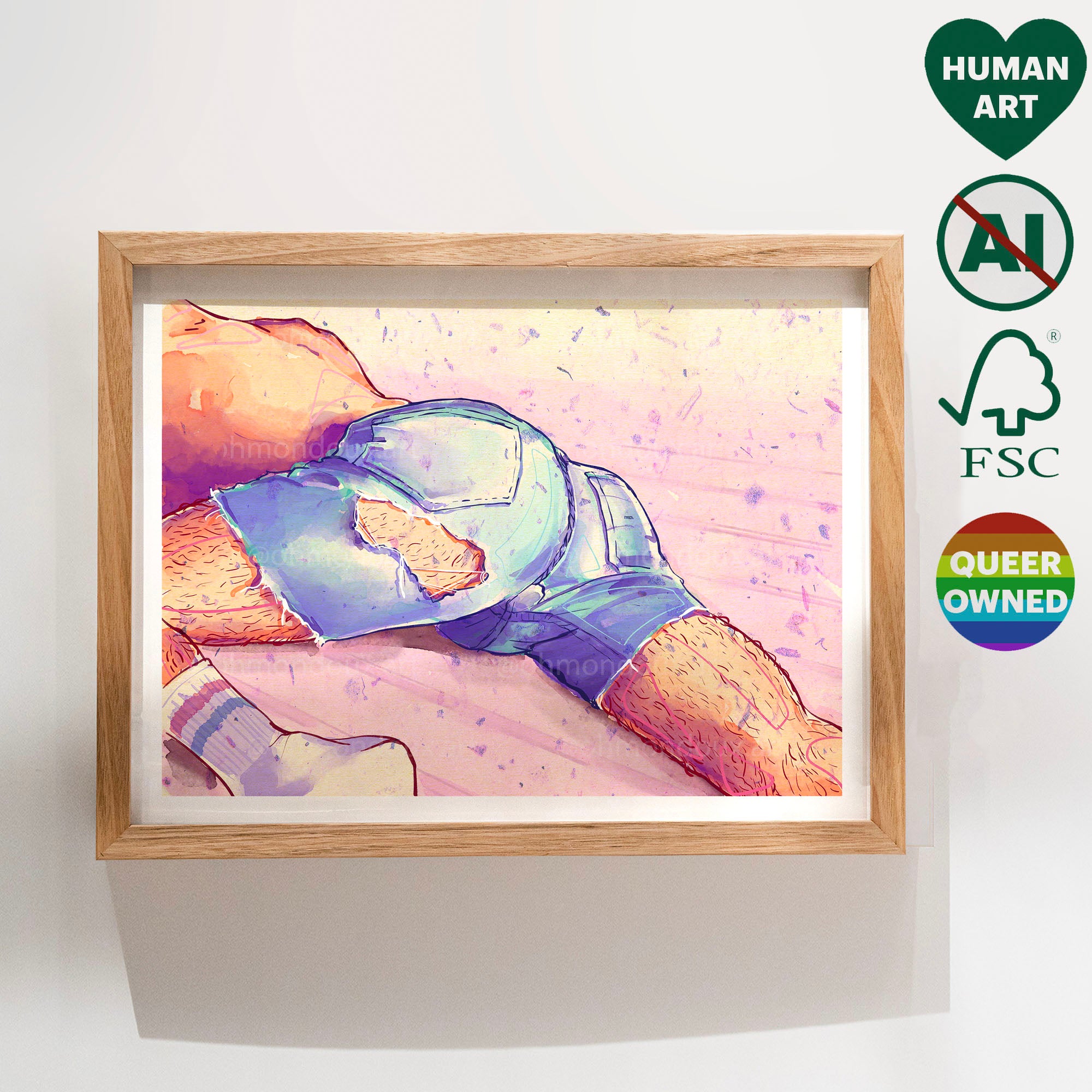 Playful drawing of two men sitting together, one behind the other, sharing a quiet moment. Gay art print, queer lifestyle illustration.