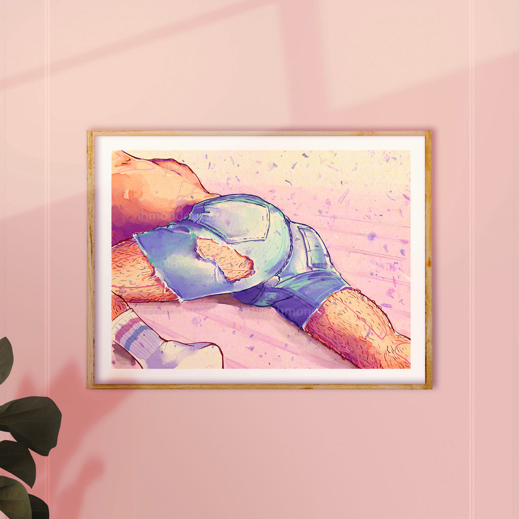 Playful drawing of two men sitting together, one behind the other, sharing a quiet moment. Gay art print, queer lifestyle illustration.