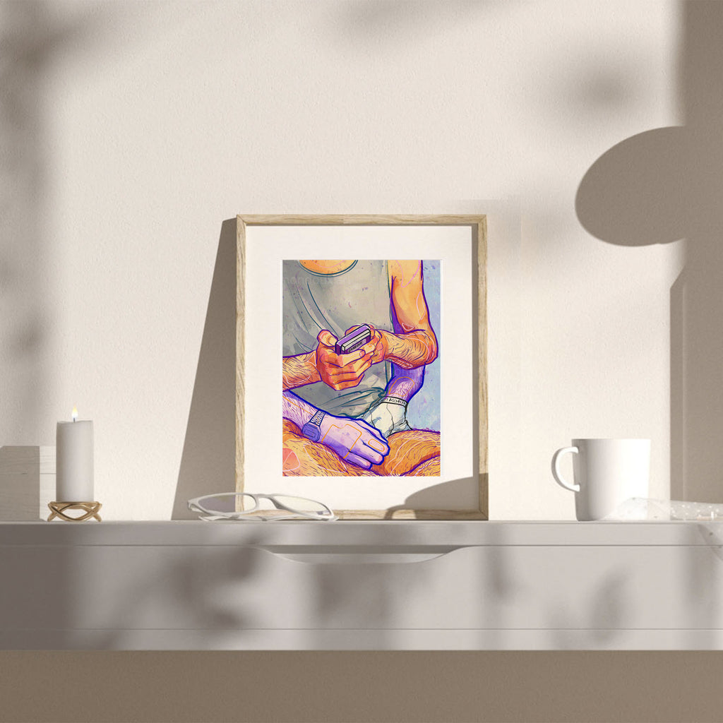 Erotic and sensual illustration of two men in a passionate pose, black and white sketch. Gay erotic art print, queer bedroom decor.