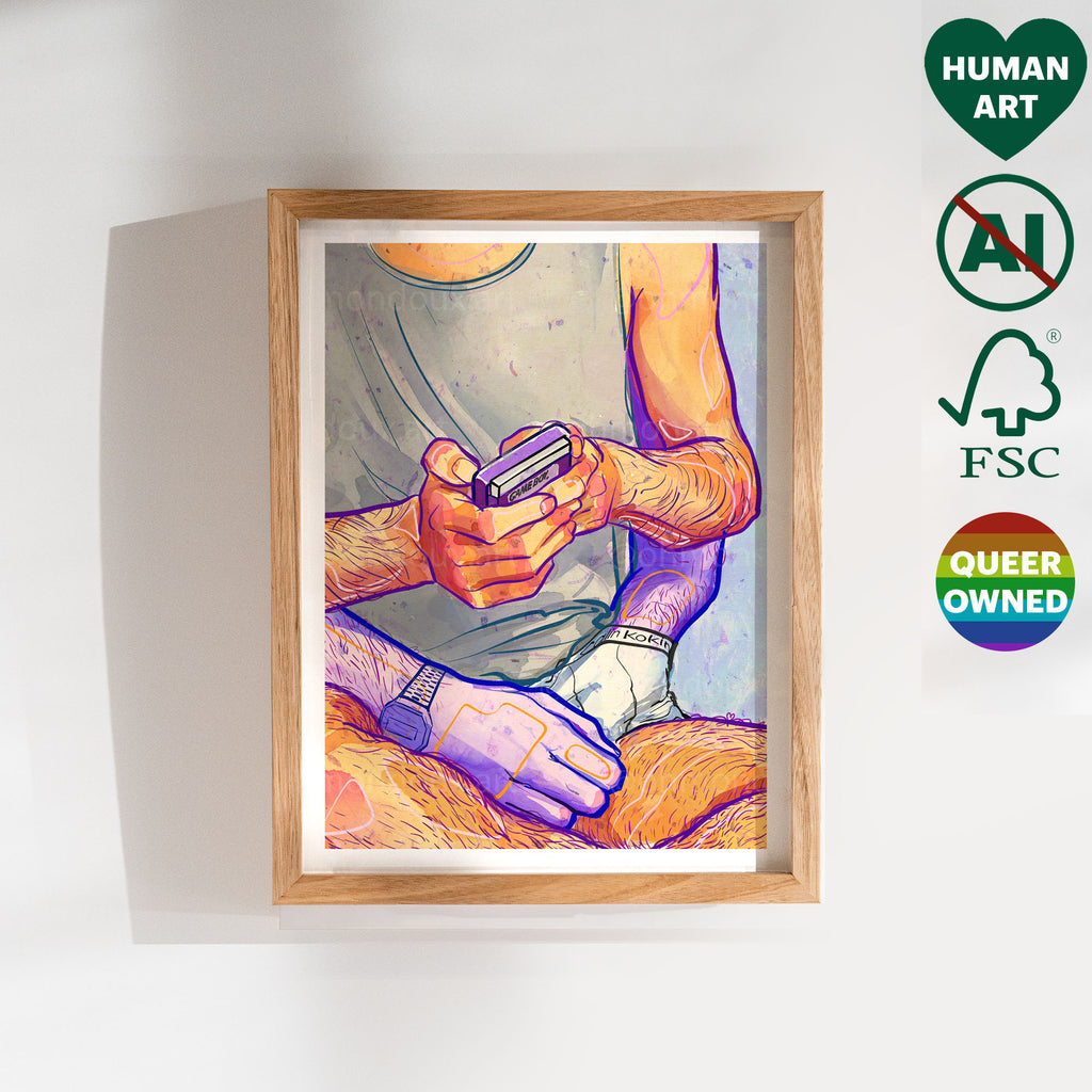 Erotic and sensual illustration of two men in a passionate pose, black and white sketch. Gay erotic art print, queer bedroom decor.