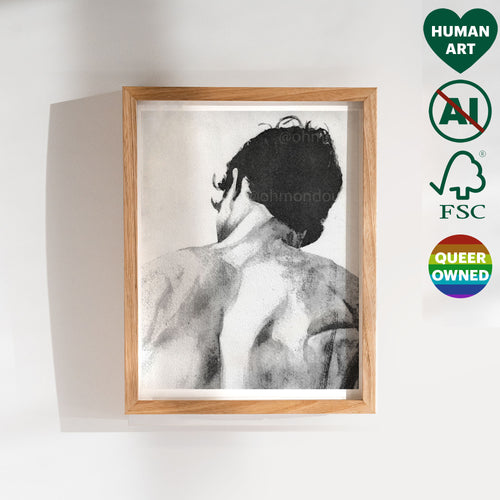 Two men peacefully cuddling or sleeping in bed, capturing intimacy and love. Gay couple wall art, romantic queer illustration.