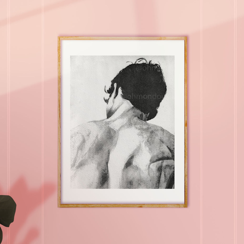Two men peacefully cuddling or sleeping in bed, capturing intimacy and love. Gay couple wall art, romantic queer illustration.